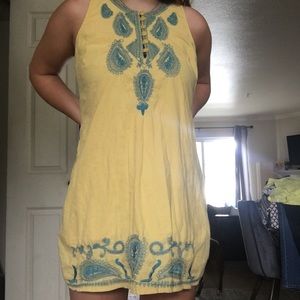 yellow and teal bohemian style dress with buttons